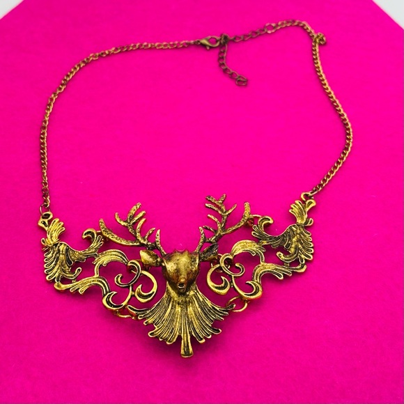 Stag of the Woods Deer Gold Tone statement necklace - Picture 8 of 13